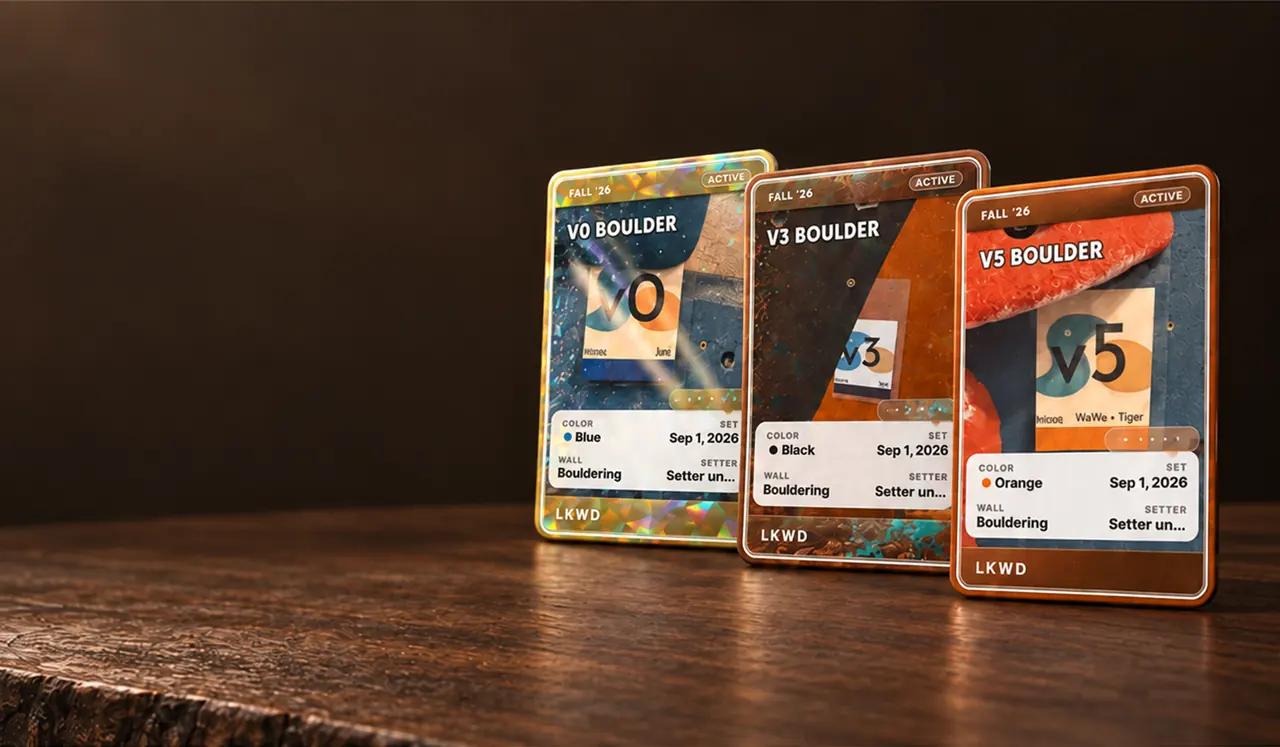 Climb cards displayed on a wooden table.